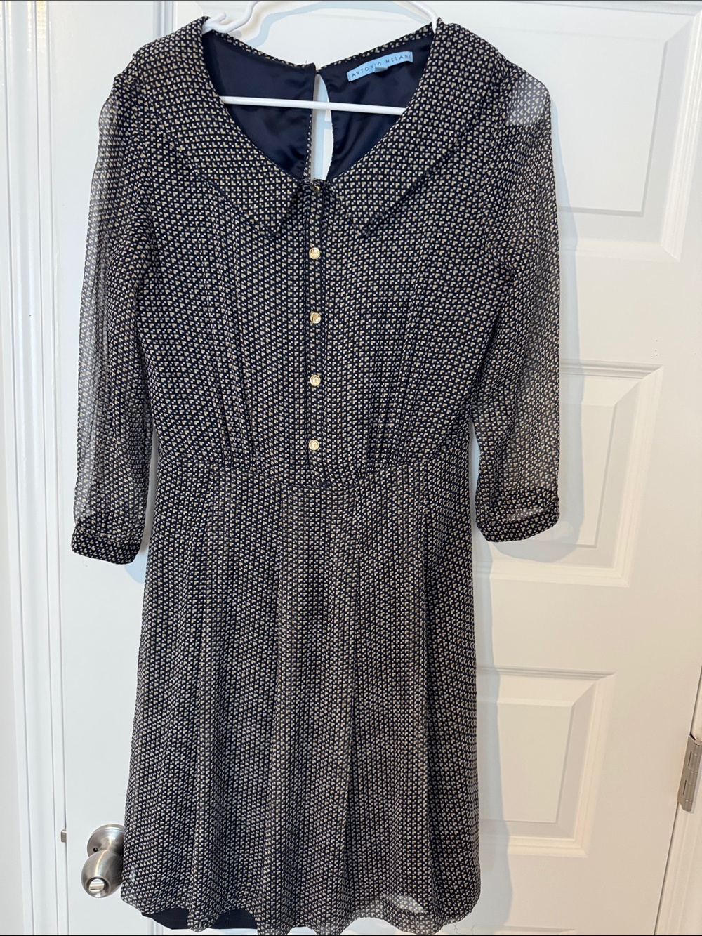 ANTONIO MELANI Black and Cream Dot Print Long Sleeve Fit-and-Flare Dress